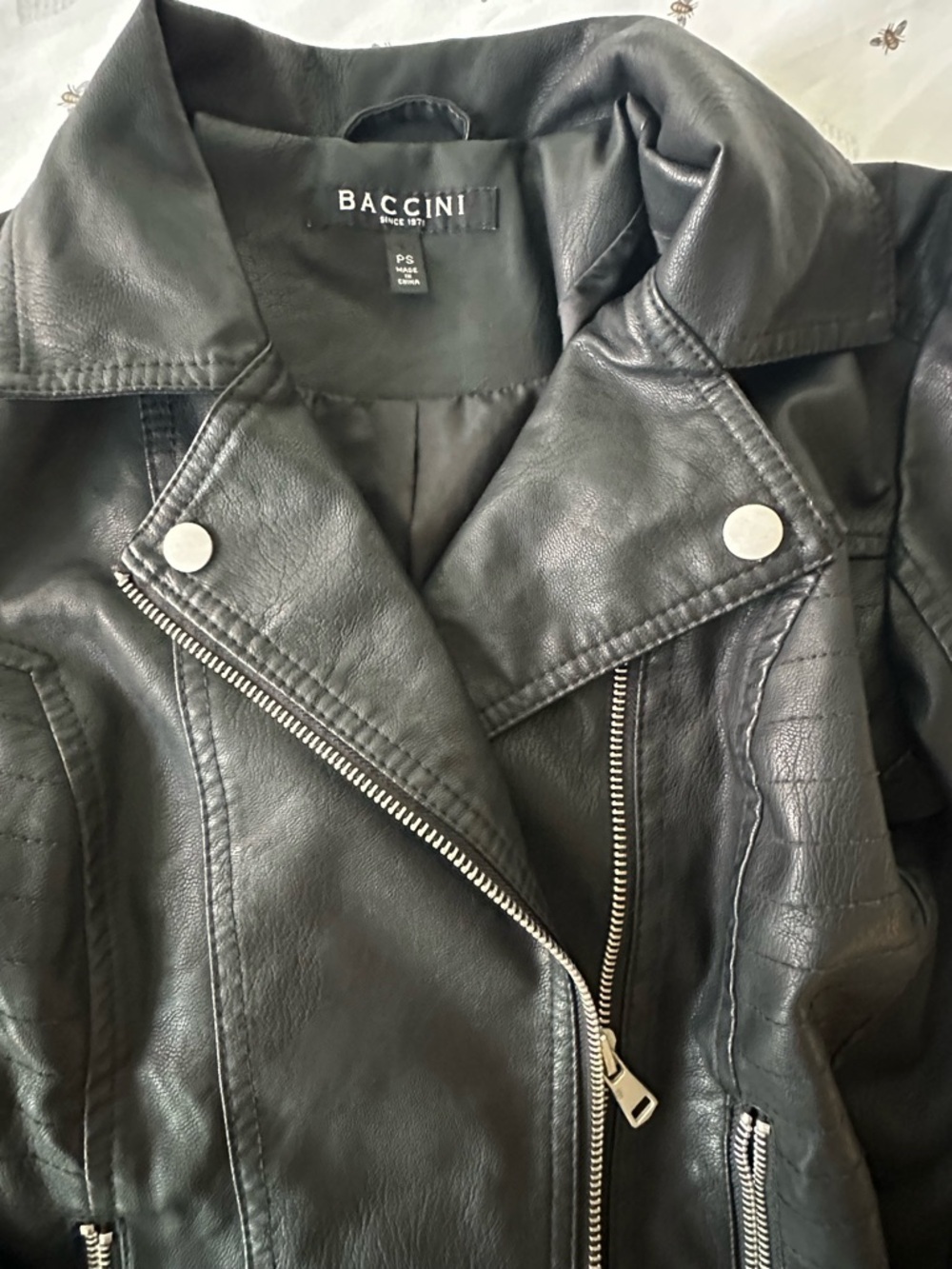 Baccini Black Faux Leather Asymmetrical Moto Jacket with Silver Hardware - Picture 2 of 3